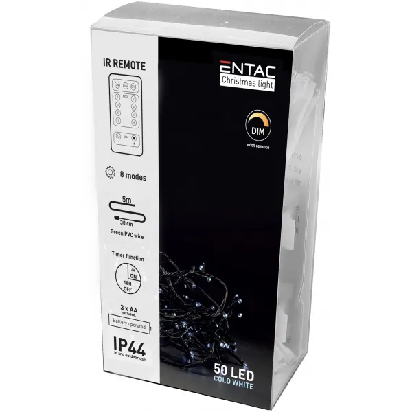 Christmas IP44 Light 50 LED CW 5m with IR Remote (3AA excl.)