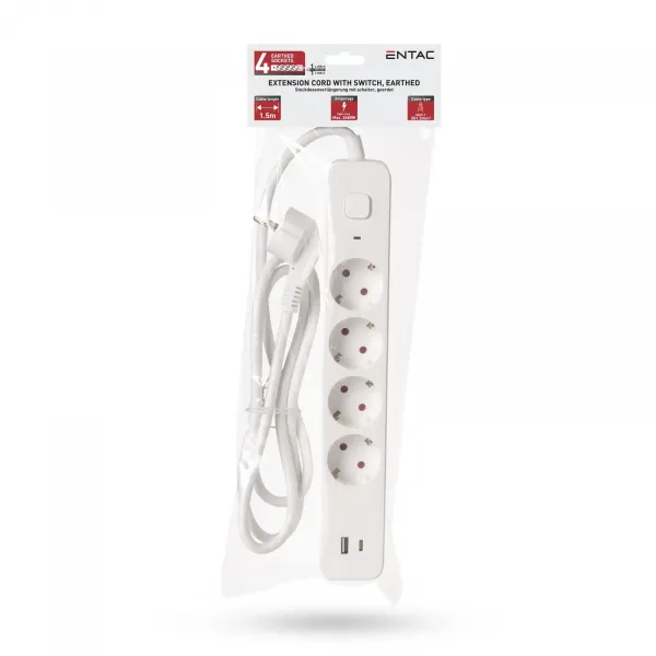 Socket Extension Cord D2 4 Sockets with Switch 1.5m 1xUSB-A x 1xUSB-C 3G1.5