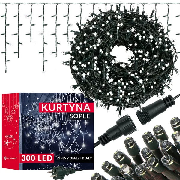 Springos CL4038 LED-sadevesi verho 300 LED, kylmä valkoinen