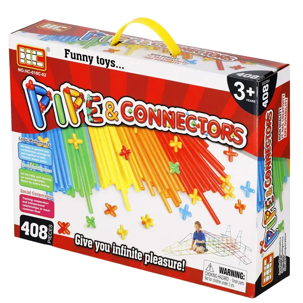 Konstrukciju salmiņu komplekts Springos KG0032, 408 gab., krāsainas caurulītes un savienojumi