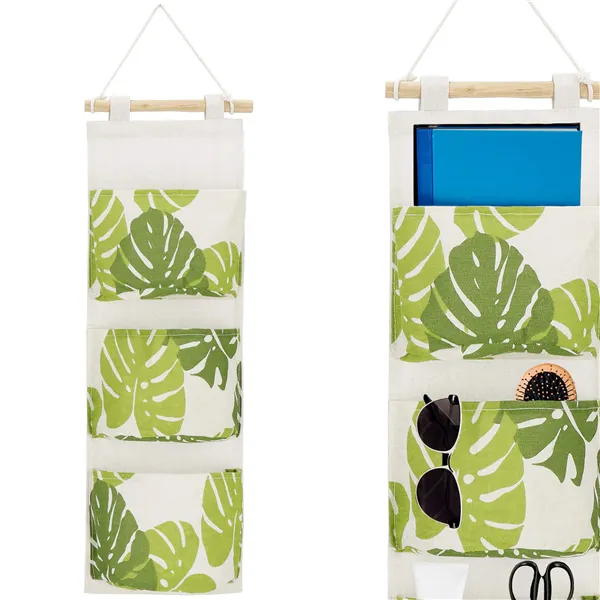 Lelujen säilytysorganisaattori Springos HA0145, 3 taskua, ripustettava, beige lehtikuosilla