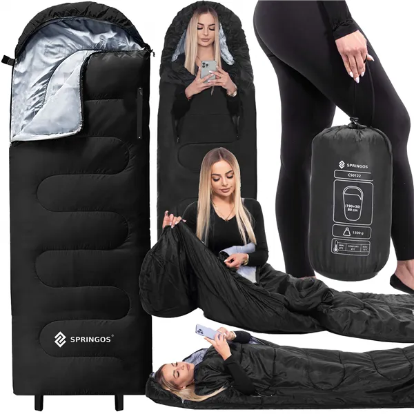 Kelioninis miegmaišis „Springos CS0122“ 220 x 80 cm, šiltas turistinis antklodė, juodai pilkas