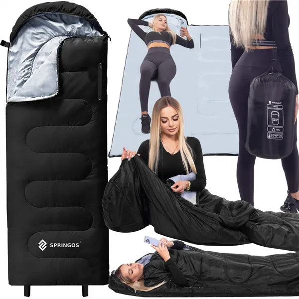 2-vienā ceļojumu guļammaiss Springos CS0122, 220x80 cm, silta kempinga sega, melni pelēka