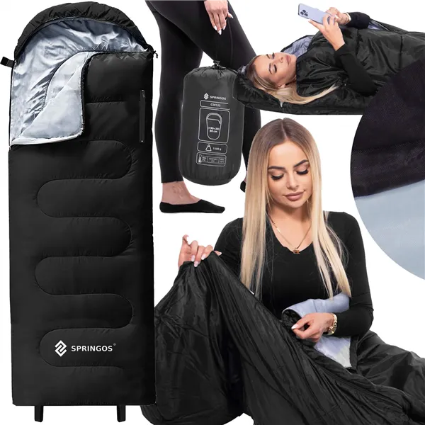 Kelioninis miegmaišis „Springos CS0122“ 220 x 80 cm, šiltas turistinis antklodė, juodai pilkas