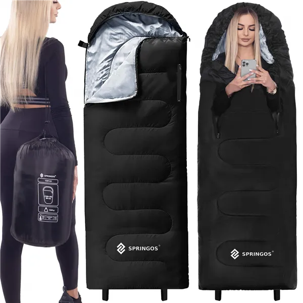 2-vienā ceļojumu guļammaiss Springos CS0122, 220x80 cm, silta kempinga sega, melni pelēka