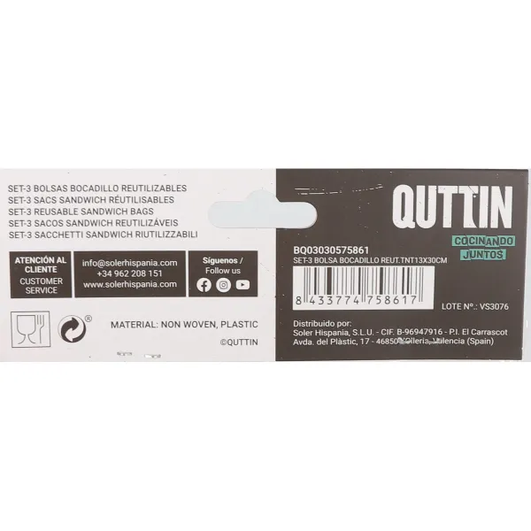 Daugkartinio naudojimo maisto maišelių rinkinys Quttin Dėžutė sumuštiniams TNT (Non Woven) 3 Dalys 13 x 30 cm (36 Vienetai)