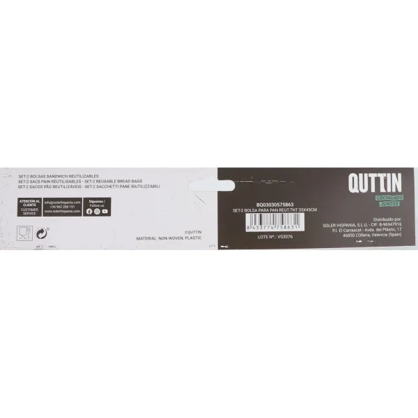 Daugkartinio naudojimo maisto maišelių rinkinys Quttin Duona TNT (Non Woven) 2 Dalys 25 x 45 cm (36 Vienetai)