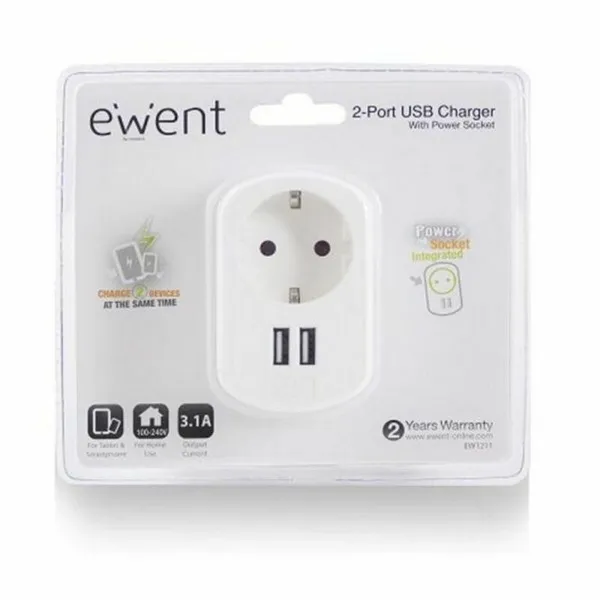 WSienas ligzda ar 2 USB Portas Ewent EW1211 3,1 A