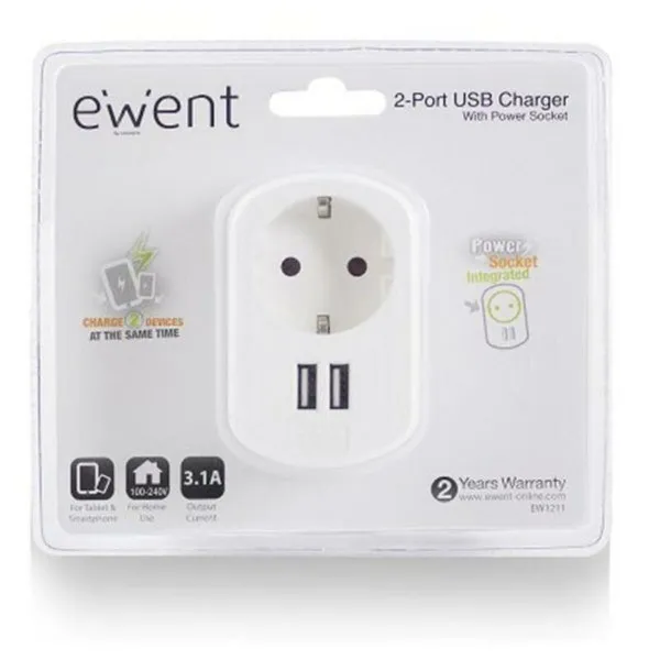 WSienas ligzda ar 2 USB Portas Ewent EW1211 3,1 A