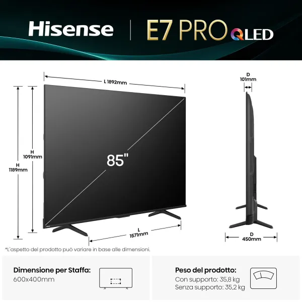 Smart TV Hisense 85E7Q PRO 4K Ultra HD 85" HDR QLED