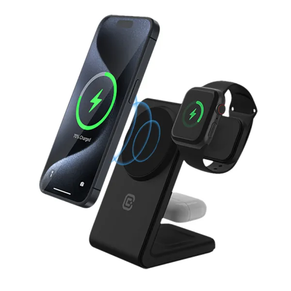 Crong MagSpot Pivot Stand - 3-in-1 Wireless Charger with MagSafe for iPhone, Apple Watch, and AirPods (Black)