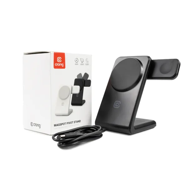 Crong MagSpot Pivot Stand - 3-in-1 Wireless Charger with MagSafe for iPhone, Apple Watch, and AirPods (Black)