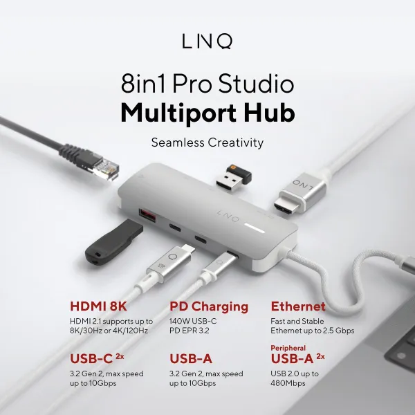USB Centrmezgls Linq Byelements LQ49081PS Balts Pelēks