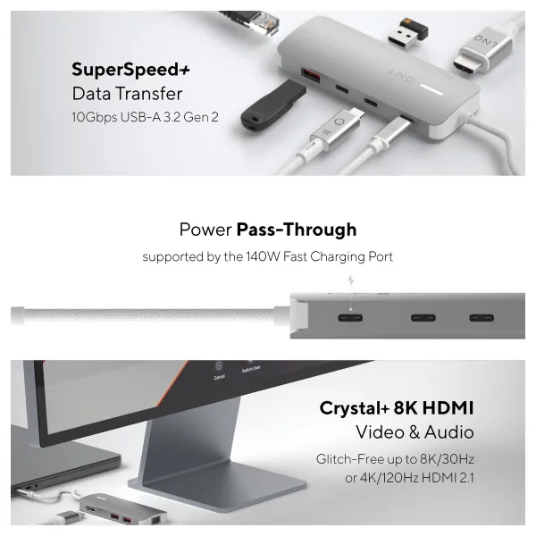USB Centrmezgls Linq Byelements LQ49081PS Balts Pelēks