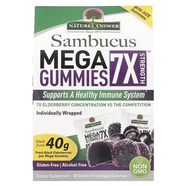Sambucus Mega Gummies 7X stipruma, melnā plūškoka - 30 vegāniskas gumijas konfektes