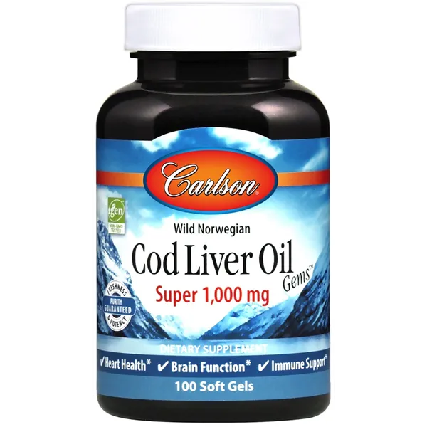 Laukinių norvegiškų menkių kepenų aliejaus brangakmeniai, 1000 mg - 100 minkštųjų kapsulių