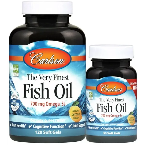 Aukščiausios kokybės žuvų taukai - 700 mg Omega-3, natūralūs apelsinai - 120 + 30 minkštųjų kapsulių