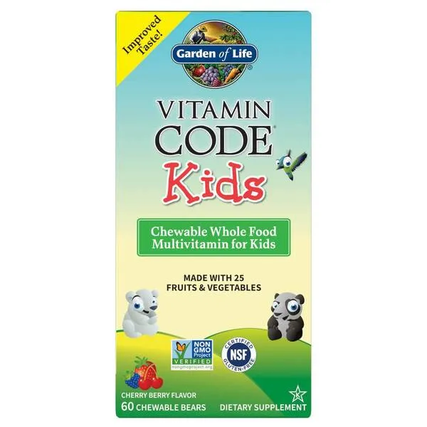 Vitamin Code Kids (košļājamie pilnvērtīgo pārtikas produktu multivitamīni bērniem), ķiršu un ogu - 60 košļājamās tabletes