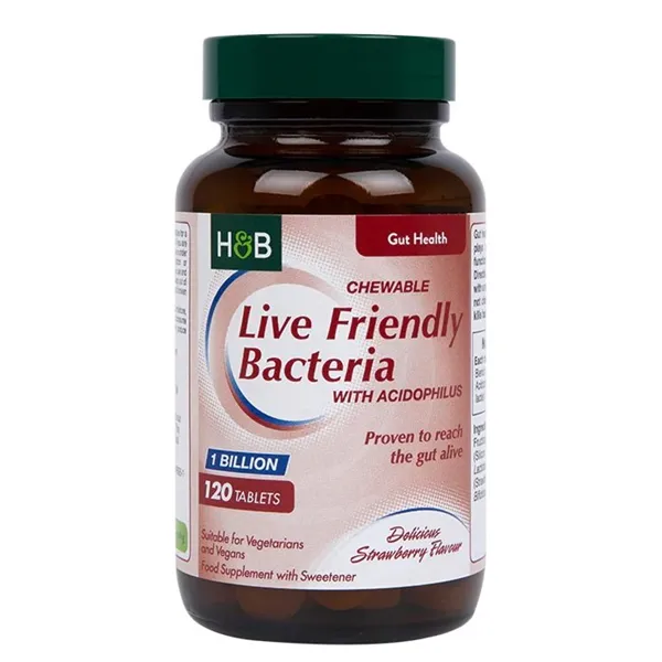 Gyvos draugiškos bakterijos su acidofilais, braškių skonio – 120 kramtomųjų tablečių
