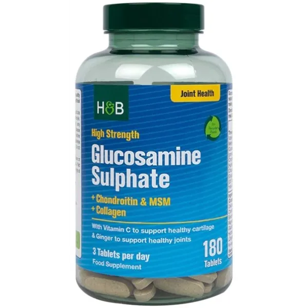 Didelio stiprumo gliukozamino sulfatas + chondroitinas ir MSM + kolagenas - 180 tablečių