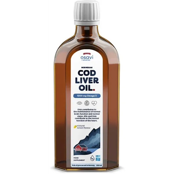 Norvēģijas mencu aknu eļļa, 1000 mg Omega 3 (citrons) - 250 ml.