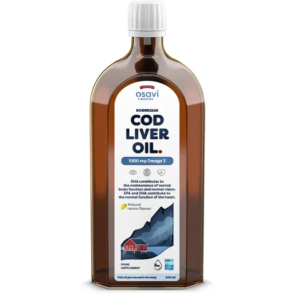 Norvēģijas mencu aknu eļļa, 1000 mg Omega 3 (citrons) - 500 ml.