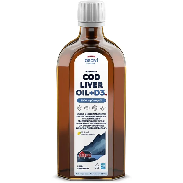 Norvegiškas menkių kepenų aliejus + D3, 1000 mg Omega 3 (citrina) - 250 ml.