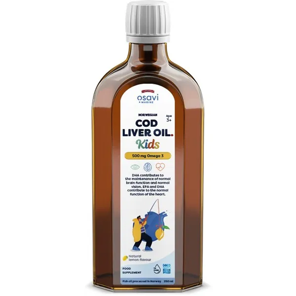 Norvegiškas menkių kepenų aliejus vaikams, 500 mg Omega 3 (citrina) - 250 ml.