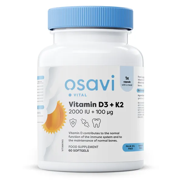 D3 vitamīns + K2, 2000 SV + 100 mcg - 60 mīkstās kapsulas