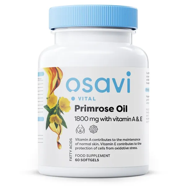 Prīmulas eļļa ar A un E vitamīnu, 1800 mg - 60 mīkstās kapsulas