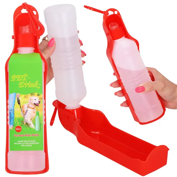 Koiran ja kissan juomapullo juoma-astialla, matkakäyttöön Springos PA0296 500 ml punainen pullo