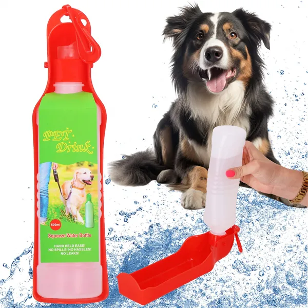 Suņu un kaķu ūdens pudele ar dzirdināšanas trauku, tūrisma Springos PA0296 500 ml sarkanais bidons