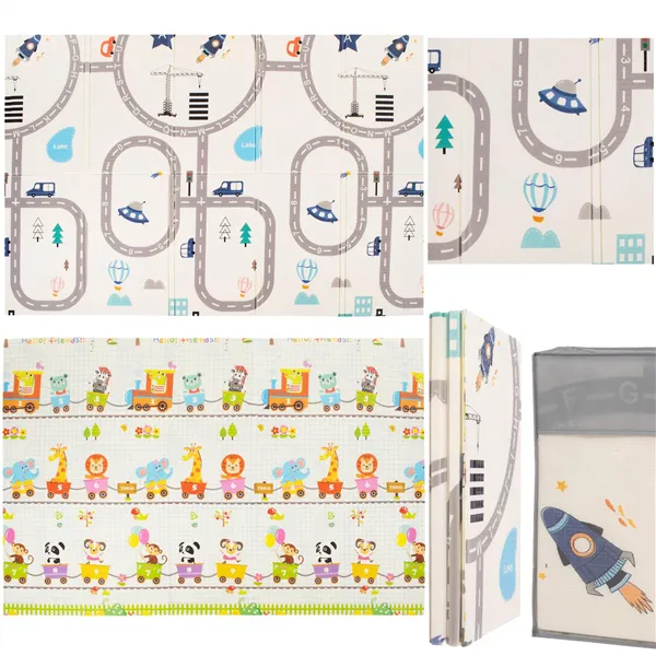 Double-sided foldable foam play mat for children Springos KM0022, 150x200 cm, vehicle design