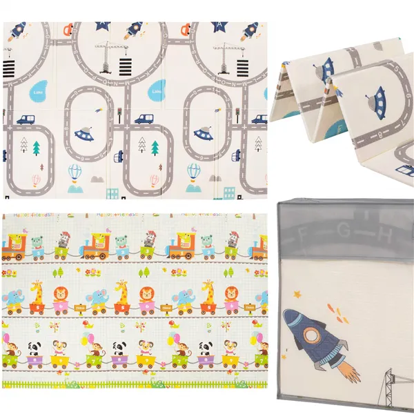 Double-sided foldable foam play mat for children Springos KM0022, 150x200 cm, vehicle design