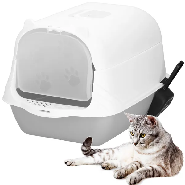 Closed Cat Litter Box with Scoop Springos PA0335 49x36x35 cm Gray-White