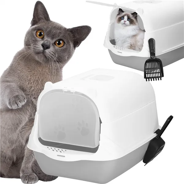 Closed Cat Litter Box with Scoop Springos PA0335 49x36x35 cm Gray-White