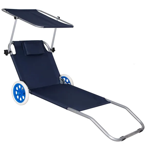 Garden Lounger Springos GC0044, Foldable, with Wheels and Canopy, Navy Blue
