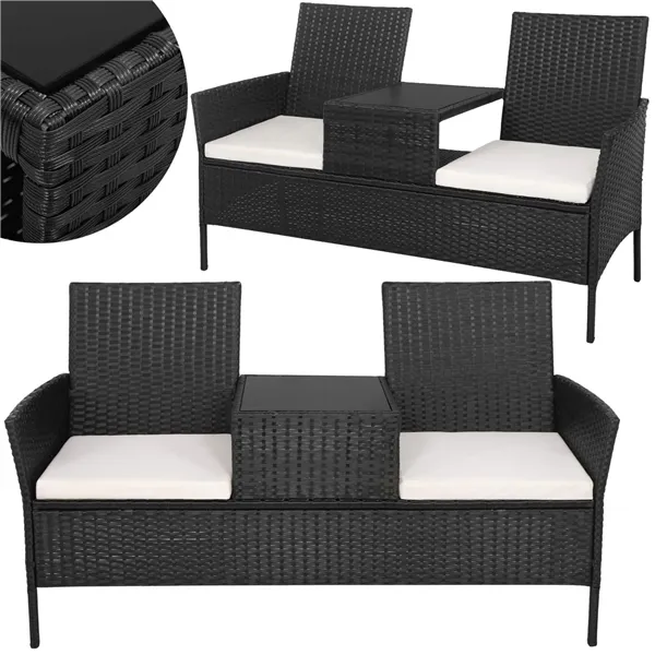 Dārza mēbeļu komplekts Springos GF0068, melns, 3 vienā: 2 krēsli ar spilveniem + galds, tehnorotangs