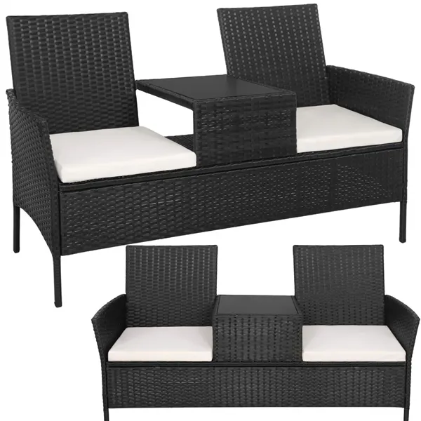 Dārza mēbeļu komplekts Springos GF0068, melns, 3 vienā: 2 krēsli ar spilveniem + galds, tehnorotangs