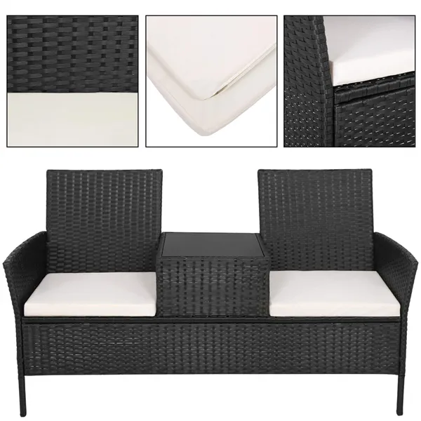 Garden Furniture Set Springos GF0068, Black, 3-in-1: 2 Chairs with Cushions + Table, Technorattan