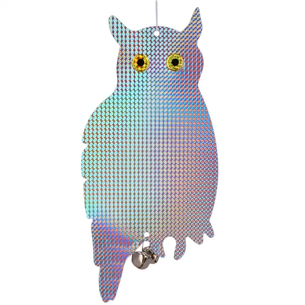 Lintukarkotin Springos GA0070, heijastava holografinen pöllö kelloilla, suoja kottaraisia ja varpusia vastaan