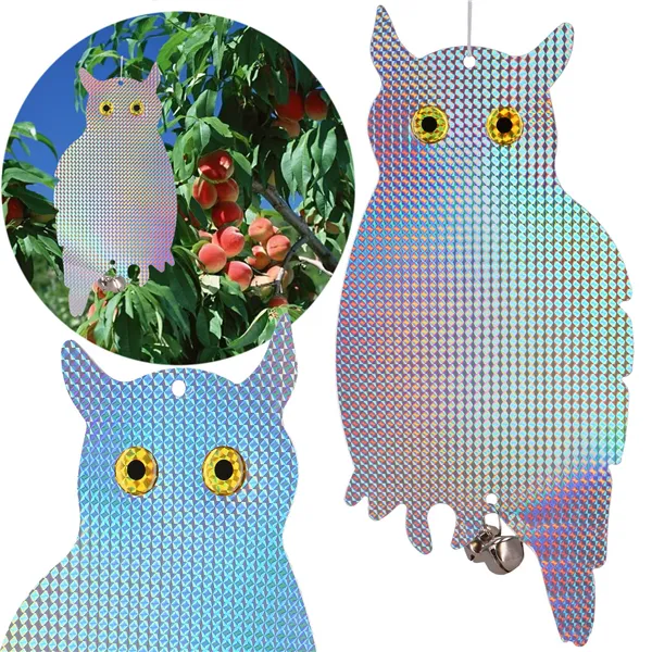 Lintukarkotin Springos GA0070, heijastava holografinen pöllö kelloilla, suoja kottaraisia ja varpusia vastaan