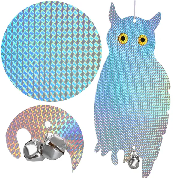 Lintukarkotin Springos GA0070, heijastava holografinen pöllö kelloilla, suoja kottaraisia ja varpusia vastaan