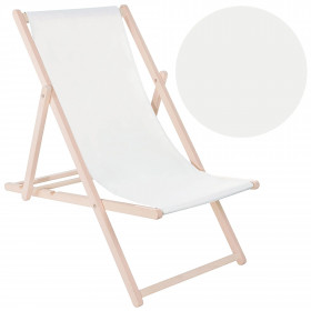Garden deck chair Springos DC0001 WH, wooden, 3-position adjustable, white fabric
