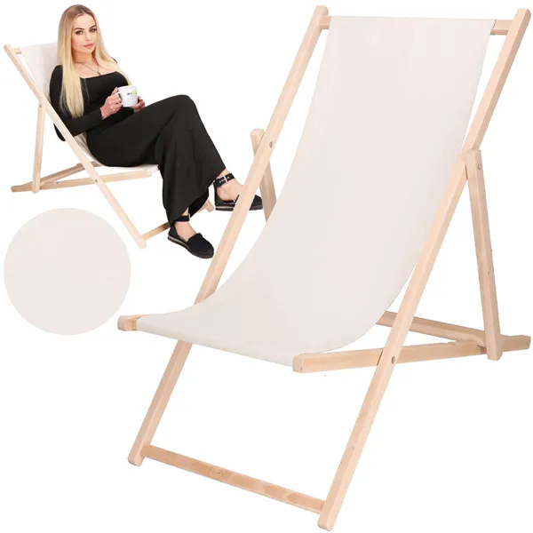 Garden deck chair Springos DC0010 ECRU, wooden, 3-position adjustable, ecru fabric