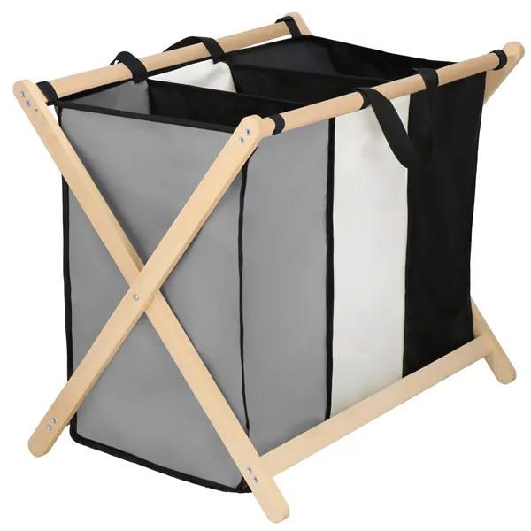 Laundry basket Springos LB0020 105 L with three fabric compartments, foldable, black, grey, ecru