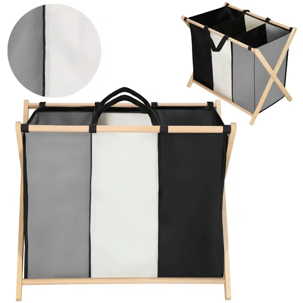 Veļas grozs Springos LB0020 105 L ar trīs auduma nodalījumiem, salokāms, melns, pelēks, ecru