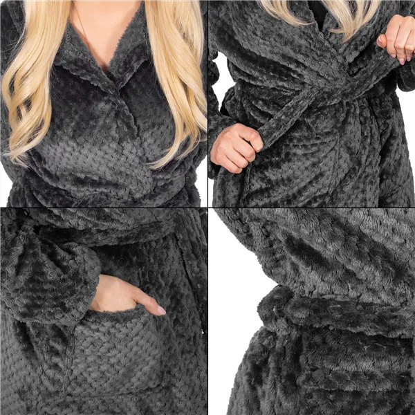 Women's bathrobe with hood Springos HA7364, size L/XL, dark gray