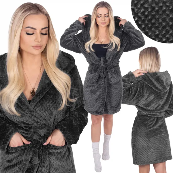 Women's bathrobe with hood Springos HA7364, size L/XL, dark gray