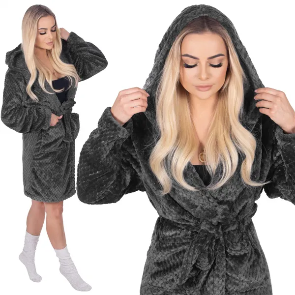 Женский халат с капюшоном Springos HA7364, размер L/XL, темно-серый